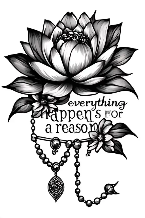 can you create a tattoo that has a rosary , a lotus , flowers and the quote “ everything happens for a reason “  tattoo design idea