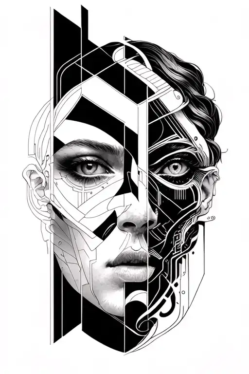 gemini two face cybord with engineering background shoulder tattoo design idea