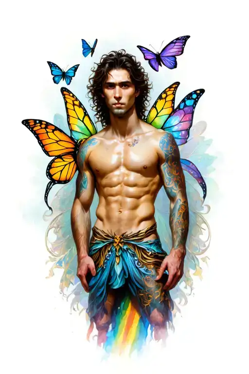 sexy male faery torso, playful, magical. Around him are butterflies, rainbows. tattoo design idea