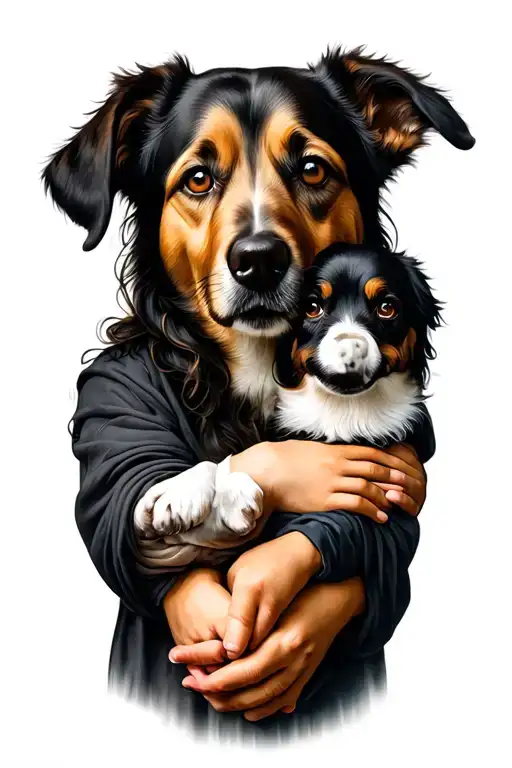 Greek Philosophy mixed with daughter holding hands mixed with dog portrait  with mental health struggle full forearm tattoo design idea