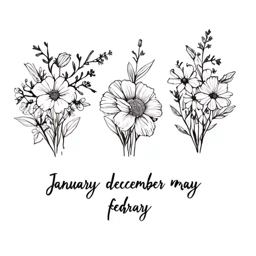 bouquet of January, december , may, april, and february birth flowers fine line tattoo design idea