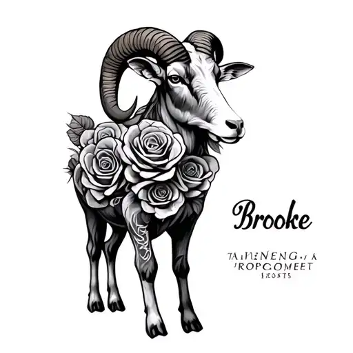 "Brooke" A ram standing with roses wrapped tattoo design idea