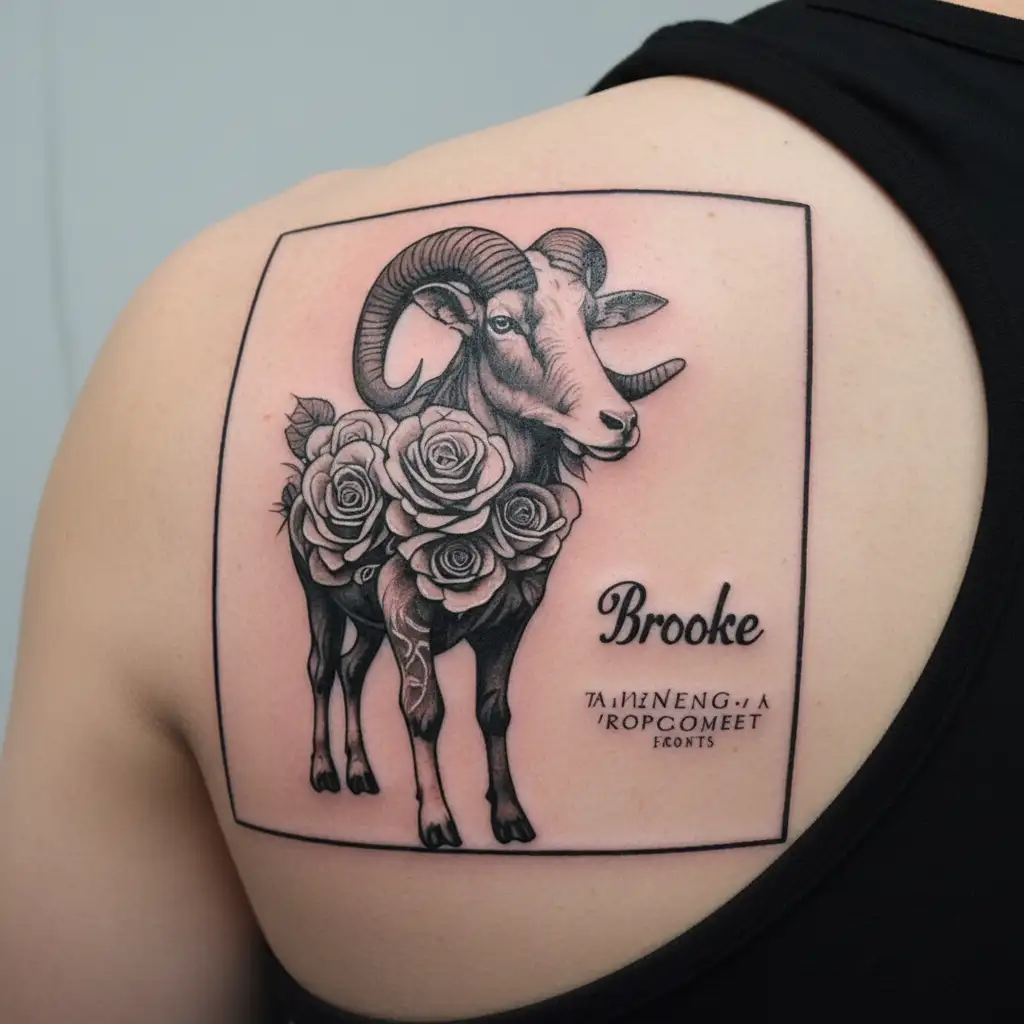 "Brooke" A ram standing with roses wrapped tattoo design idea