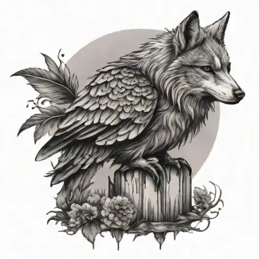 wolf raven owl perched on a stack tattoo design idea