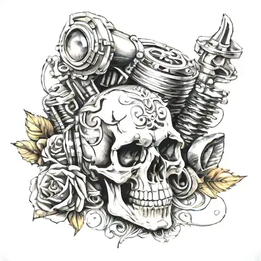 motor piston and skull  tattoo design idea