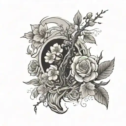 left forearm sleeve with a cherry blossom tree and roses and other miscellaneous stuff in relation to the cherry blossom tattoo design idea