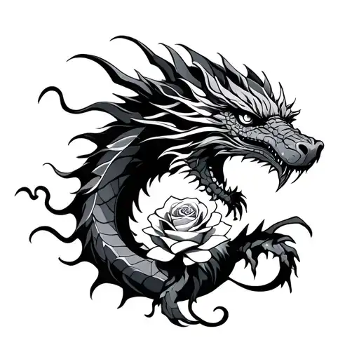 dragon, rose in mouth of dragon, tattoo tattoo design idea