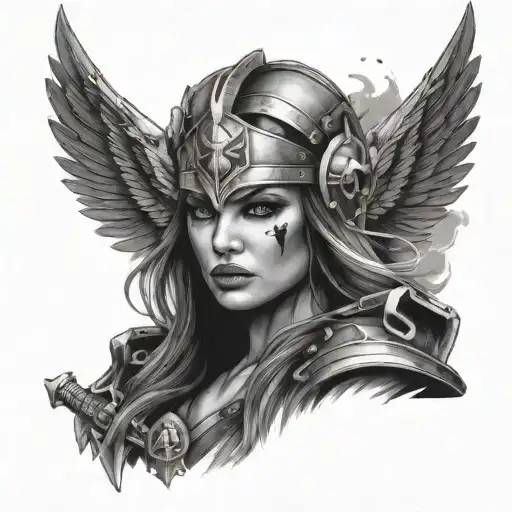 modern valkyrie warrior woman face surrounded, skull, weapon tattoo design idea