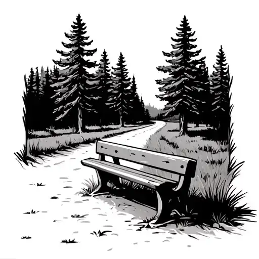 bench overlooking a road fading into the distance with ponderosa pine trees on the side tattoo design idea