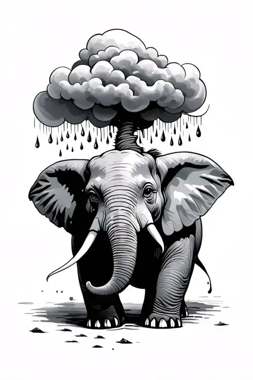 depressed elephant with a rain cloud up top and raindrops tattoo design idea