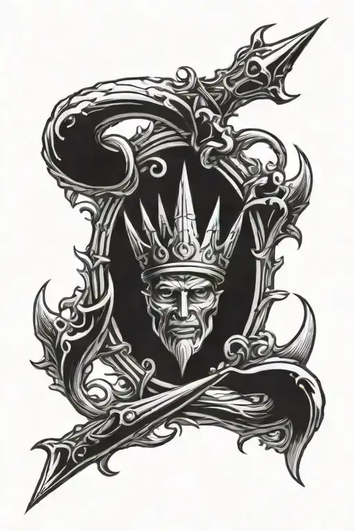 posiedon trident with crown made of shark teeth tattoo design idea