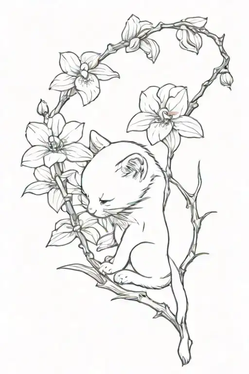 white kitten sits with its back down and sniffs an orchid branch, there are two black spots on its back near its tail tattoo design idea