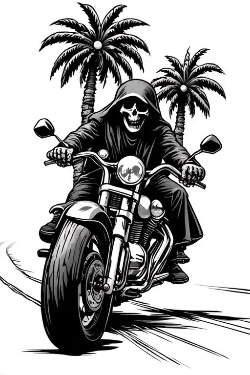 Grim reaper on a motorcycle with palm trees going down the highway tattoo design idea