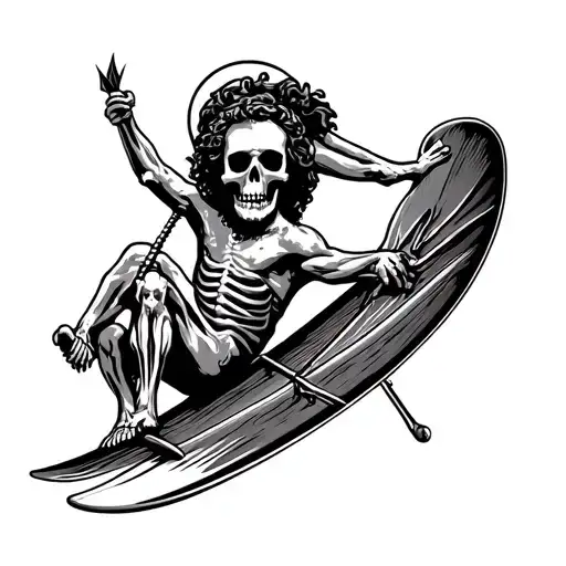 saint christopher face with the body of a skeleton surfing  tattoo design idea