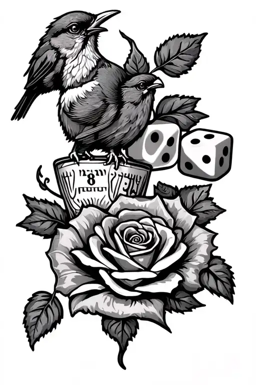 patch work design featuring a nike tick and a bird and two dice and a rose with the vine wrapping around the forearm  tattoo design idea