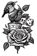 patch work design featuring a nike tick and a bird and two dice and a rose with the vine wrapping around the forearm  tattoo design idea