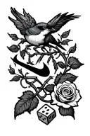 patch work design featuring a nike tick and a bird and two dice and a rose with the vine wrapping around the forearm  tattoo design idea
