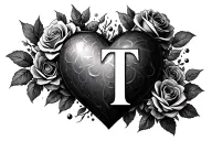 Letter T with some roses and secretive heart built into it. Please make heart more visibe tattoo design idea