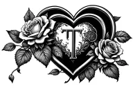 Letter T with some roses and secretive heart built into it. Please make heart more visibe tattoo design idea