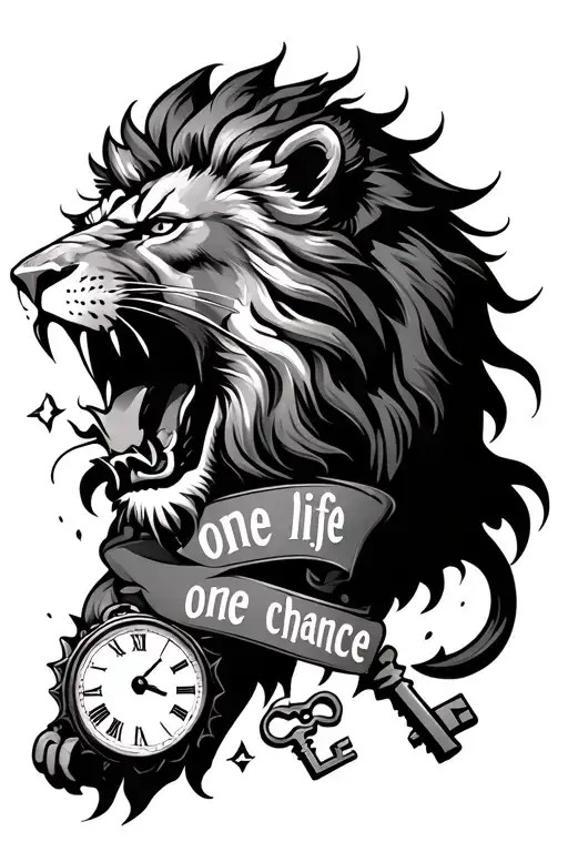 full forearm tattoo of a lion roaring and clocks and keys and somewhere in that saying "one life one chance" tattoo design idea