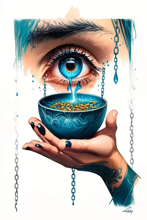 A hand holding a bowl and tears coming inside the from an eye aboce eye and hand connected with a chain tattoo design idea