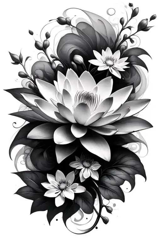 smoke swirling waterlily flower and larkspur flower sprigs intertwined tattoo design idea