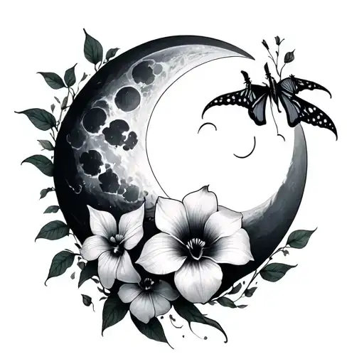 Black and grey Half sleeve tattoo with moon, Luna moths, and moonflowers tattoo design idea