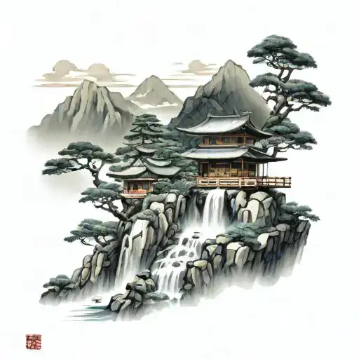mount paozu with a japanese house on the top of the mountain, a large waterfall and many bonsai trees tattoo design idea