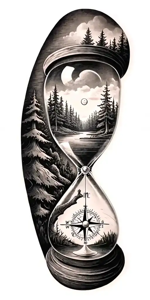 family and forest and hour glass and compass golf course tattoo design idea