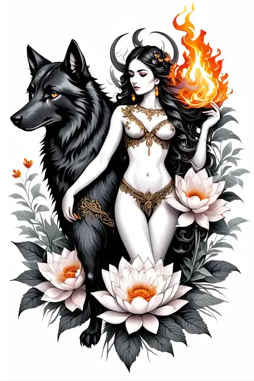 Aries sexy goddess surrounded by poeny and lotus flowers and black wolf holding fire tattoo design idea