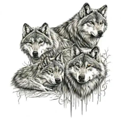 2 adult wolves with 2 welps, high detail tattoo design idea
