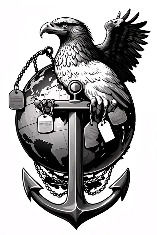 is a eagle globe and anchor with portraying hands on globe and dog tags hanging from anchor tattoo design idea