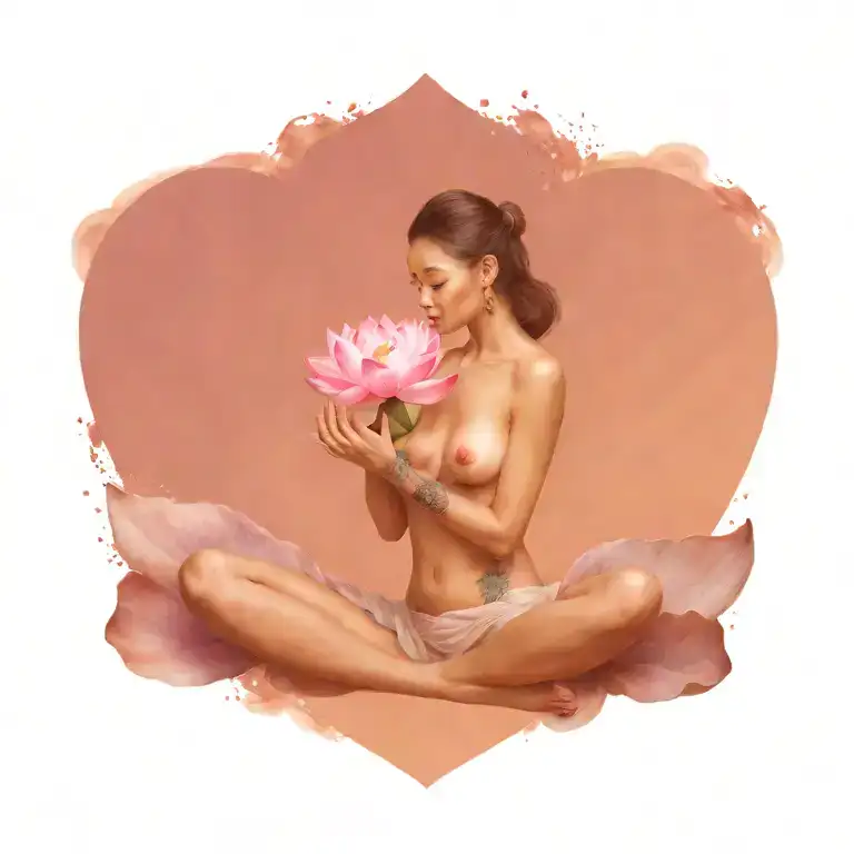 hyper realistic woman, sitting in a heart, holding a lotus flower, Colored, 3d tattoo design idea