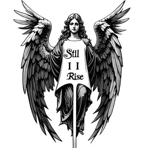 guardian angel with words "Still I Rise" written vertically tattoo design idea