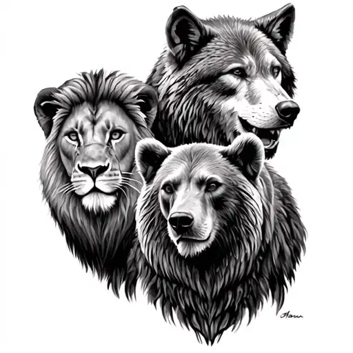 three animals. lion, bear, and a wolve with  some tribal elements incorporated tattoo design idea