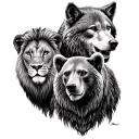 three animals. lion, bear, and a wolve with  some tribal elements incorporated tattoo design idea