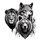three animals. lion, bear, and a wolve with  some tribal elements incorporated tattoo design idea