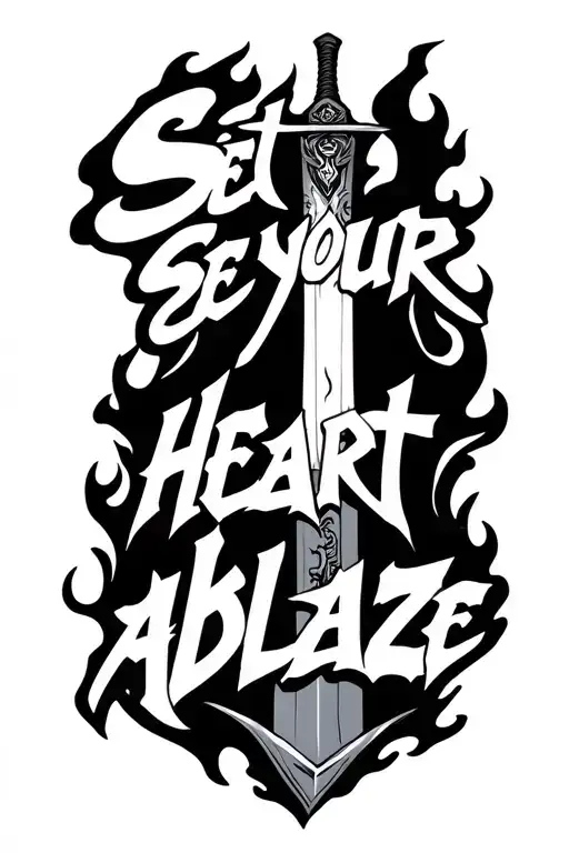 rengoku flames sword with the words "Set your heart ablaze" in japanese tattoo design idea