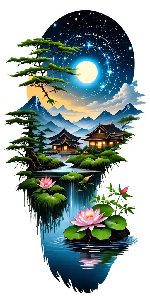 Buddhist inspired nature scene with water, to trees & mountains, to sky and constellation with lotus, bamboo and a home tattoo design idea