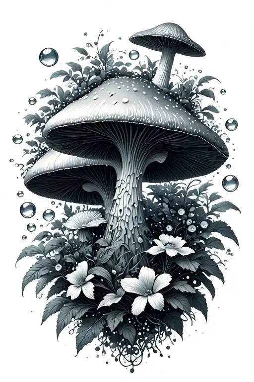 cottage core cyberpunk mushroom vine wires futuristic flowers bubbles tattoo design idea