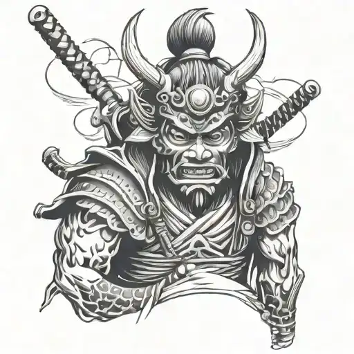 Samurai with a demonic face and a demonic mask in full growth tattoo design idea