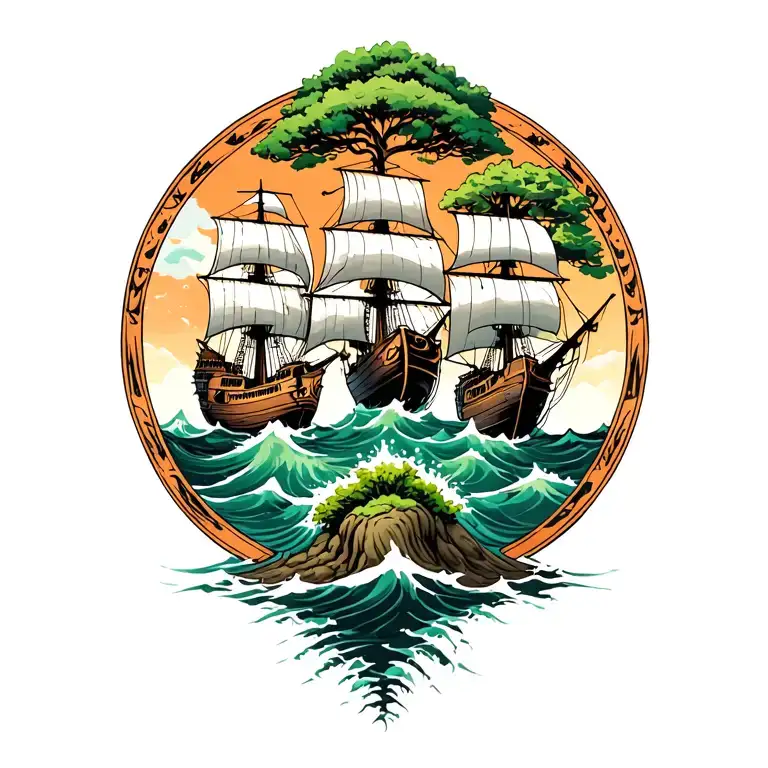 3 ships sail in rough waters towards an island where the tree of life grows.  tattoo design idea
