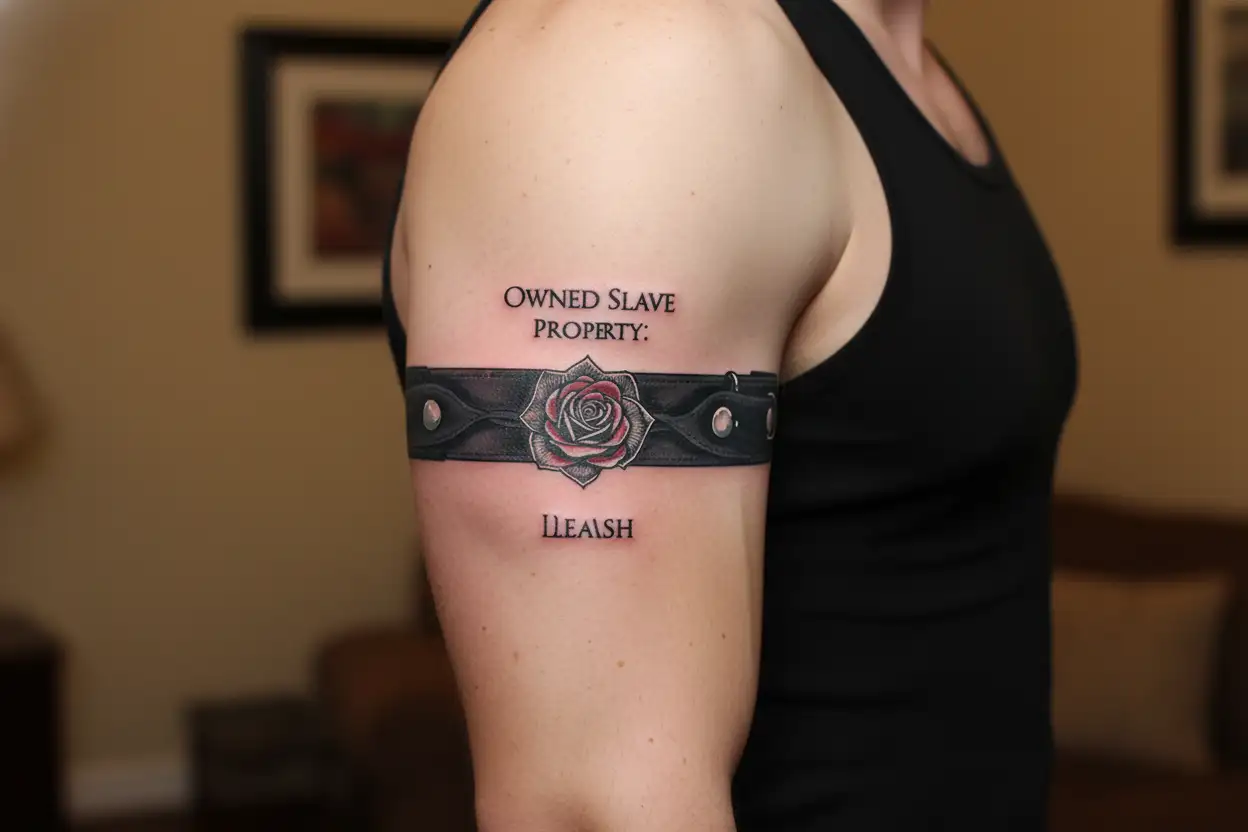 "Owned Slave Property " "Owned Slave"  "collar" "leash" "slave" "leather" Rose tattoo design idea