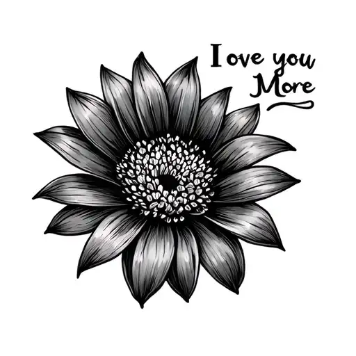 I love you more in cursive attached to the rapunzel sundrop flower at the end of the sentence fine line tattoo design idea
