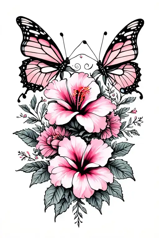 A whimsical, delicate, but detailed pink and black floral thigh tattoo with two almost gothic butterflies and hibiscus tattoo design idea