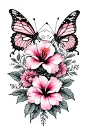 A whimsical, delicate, but detailed pink and black floral thigh tattoo with two almost gothic butterflies and hibiscus tattoo design idea