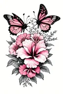 A whimsical, delicate, but detailed pink and black floral thigh tattoo with two almost gothic butterflies and hibiscus tattoo design idea