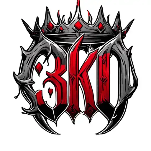 name "3KO" written in a ghetto cursive, with a thorned crown above each letter, with hints of different reds, for wrist tattoo design idea
