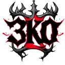 name "3KO" written in a ghetto cursive, with a thorned crown above each letter, with hints of different reds, for wrist tattoo design idea