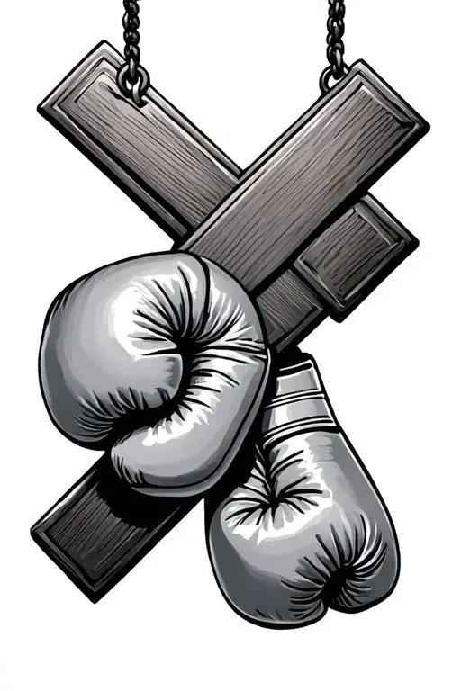 cross with boxing gloves hanging tattoo design idea